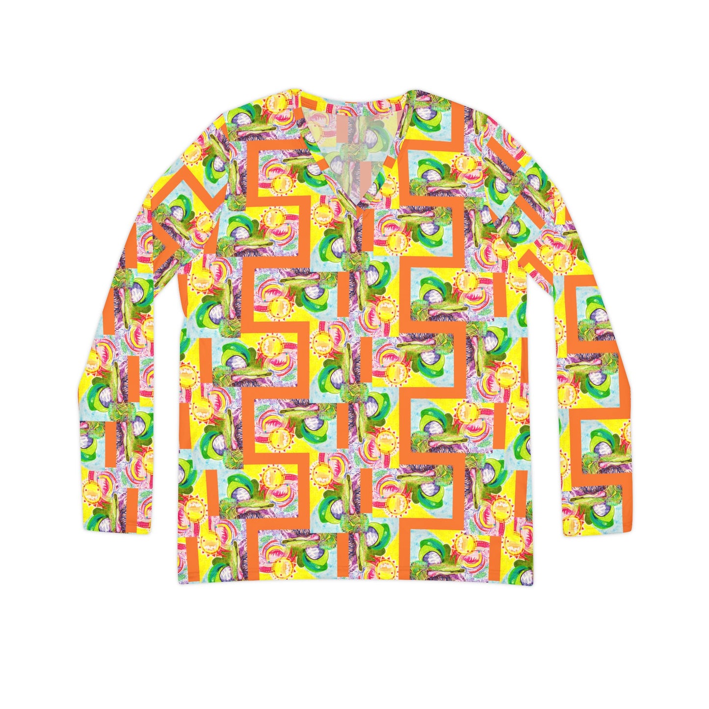 All-Over Print Women's Long Sleeve V-neck Shirt: Bright Basket Zag - Orange