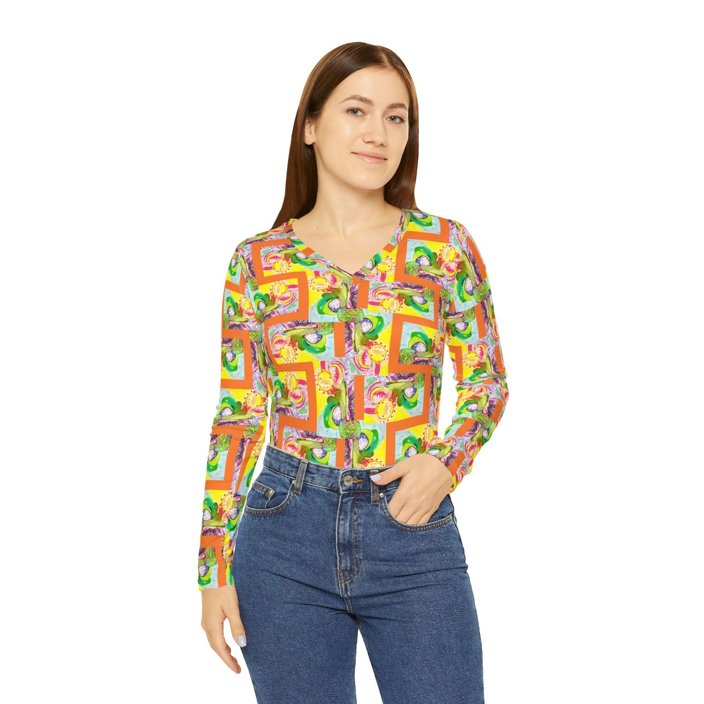 All-Over Print Women's Long Sleeve V-neck Shirt: Bright Basket Zag - Orange