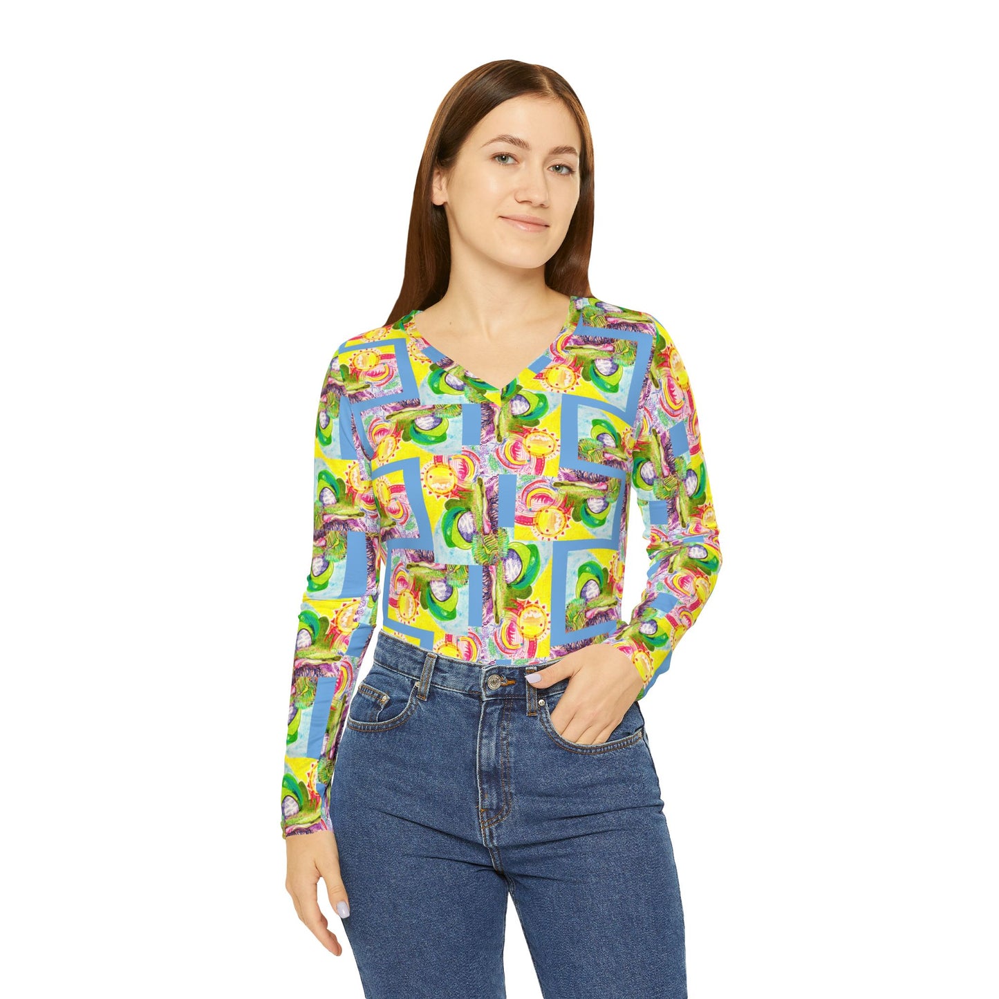 All-Over Print Women's Long Sleeve V-neck Shirt: Bright Basket Zag - Blue