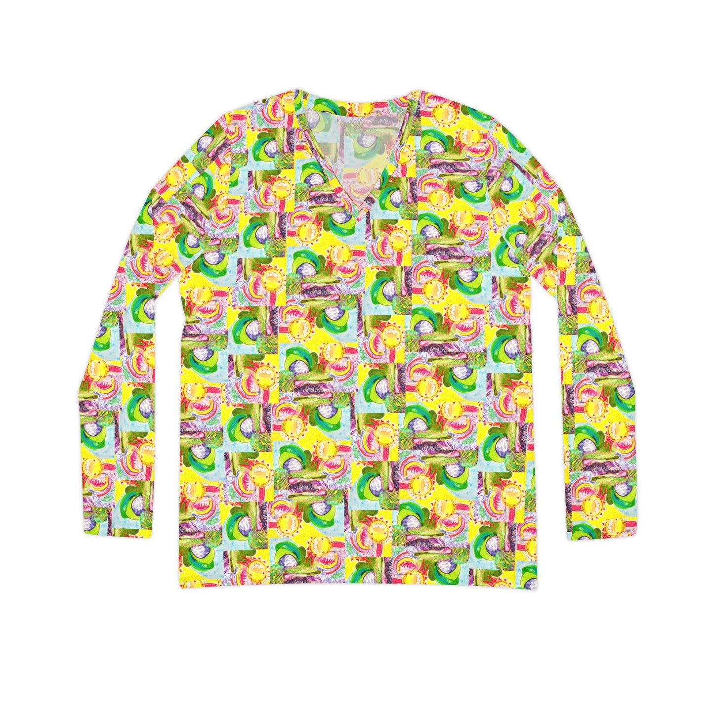 Women's Long Sleeve All-Over Print V-neck Shirt: Abstract Yellow