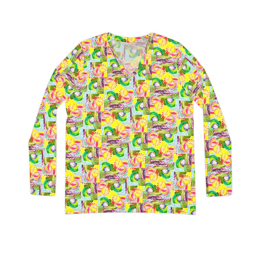Women's Long Sleeve All-Over Print V-neck Shirt: Abstract Yellow