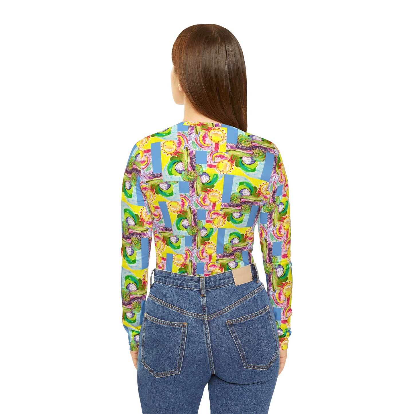 All-Over Print Women's Long Sleeve V-neck Shirt: Bright Basket Zag - Blue