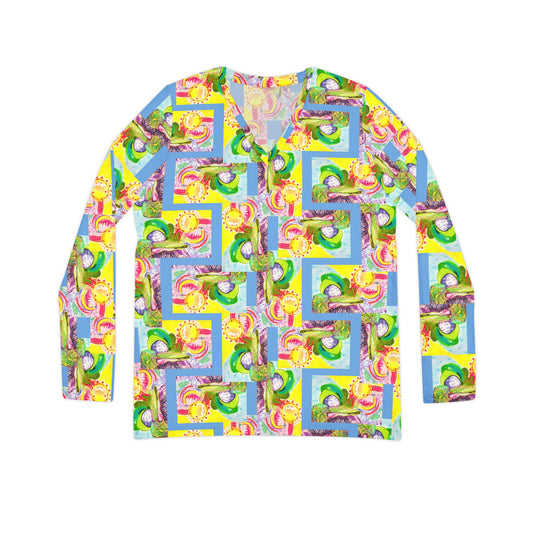 All-Over Print Women's Long Sleeve V-neck Shirt: Bright Basket Zag - Blue