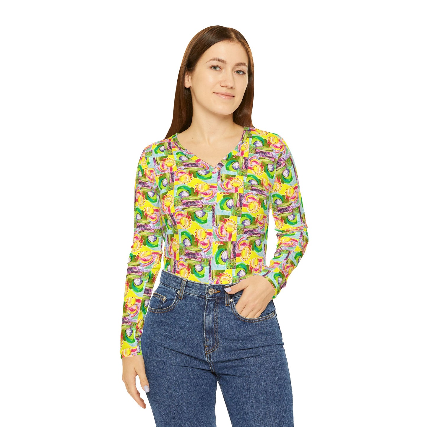 Women's Long Sleeve All-Over Print V-neck Shirt: Abstract Yellow