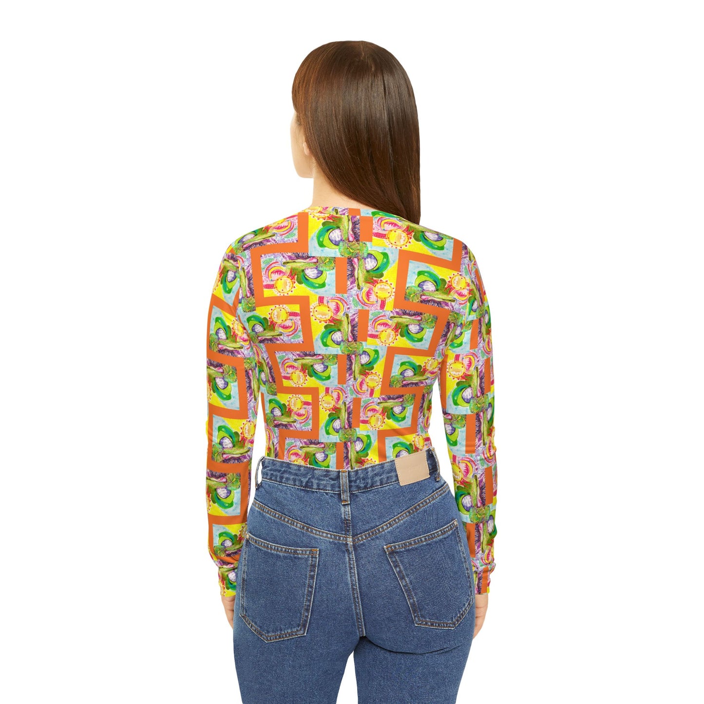 All-Over Print Women's Long Sleeve V-neck Shirt: Bright Basket Zag - Orange